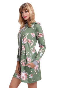 Sexy Green Floral Print Drawstring Hoodie Dress