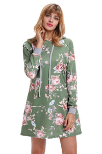 Sexy Green Floral Print Drawstring Hoodie Dress