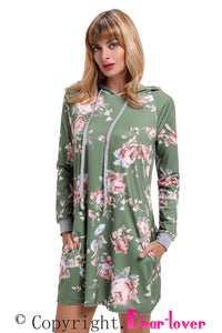 Sexy Green Floral Print Drawstring Hoodie Dress