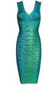 Sexy Green Gold Foil Midi Luxe Bandage Dress