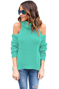 Sexy Green High Neck Cold Shoulder Ribbed Knit Top