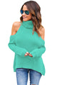 Sexy Green High Neck Cold Shoulder Ribbed Knit Top