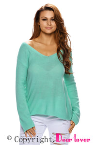 Sexy Green Knitted Long Sleeve Plunge Jumper