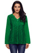 Sexy Green Lace Panel Split Neck Roll Tab Sleeve Blouse