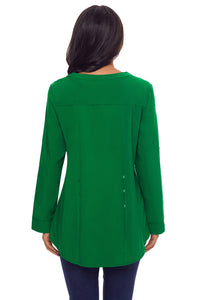 Sexy Green Lace Panel Split Neck Roll Tab Sleeve Blouse