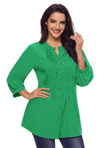 Sexy Green Lace and Pleated Detail Button up Blouse