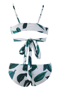 Sexy Green Leaf Print Wrapped Top Bikini Set