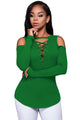 Sexy Green Long Sleeve Cut-out Shoulder Ribbed Top