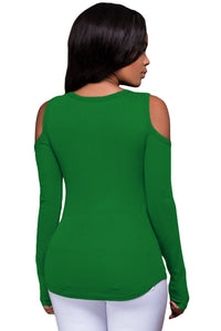 Sexy Green Long Sleeve Cut-out Shoulder Ribbed Top