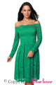 Sexy Green Long Sleeve Floral Lace Boat Neck Cocktail Swing Dress