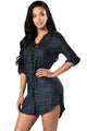 Sexy Green Navy Lace-up Front Plaid Shirt Dress