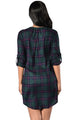 Sexy Green Navy Lace-up Front Plaid Shirt Dress