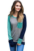 Sexy Green Navy Splice Gray Long Sleeve Top