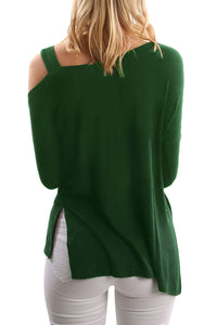 Sexy Green One Shoulder Long Sleeve Top with Slit