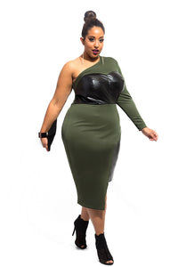 Sexy Green One-shoulder Leatherette Bust and Side Plus Size Dress