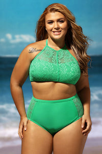 Sexy Green Patterned Mesh Insert Plus Size Swimwear