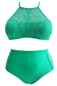 Sexy Green Patterned Mesh Insert Plus Size Swimwear