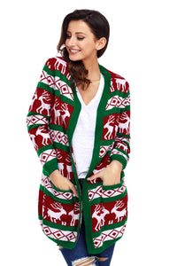 Sexy Green Red Reindeer Geometric Christmas Cardigan
