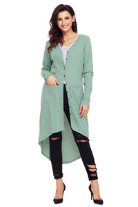 Sexy Green Ribbed Hi Low Long Cardigan with Pockets