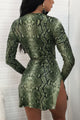 Sexy Green Snakeskin Print Long Sleeves Mini Dress