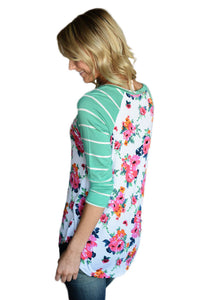 Sexy Green Striped Sleeves White Floral Top