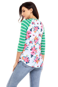 Sexy Green Striped Sleeves White Floral Top