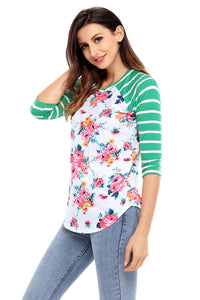 Sexy Green Striped Sleeves White Floral Top