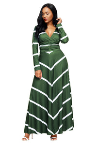 Sexy Green Striped V Neck Long Sleeve Maxi Dress