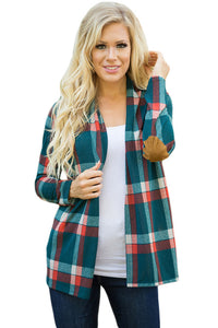 Sexy Green Suede Elbow Patch Long Sleeve Plaid Cardigan