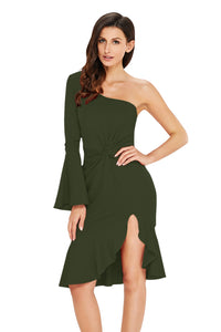 Sexy Green Twist and Ruffle Accent One Shoulder Prom Dress