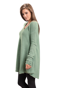Sexy Green V Neck Waffle Knit Sweater