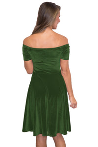 Sexy Green Velvet Off Shoulder Pleated Skater Dress