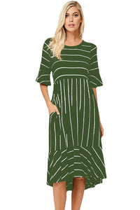 Sexy Green White Striped Bell Sleeve Hi-low Midi Dress