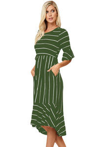 Sexy Green White Striped Bell Sleeve Hi-low Midi Dress