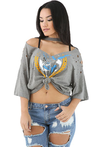 Sexy Grey 1967 Graphic Print Ripped Oversize Top
