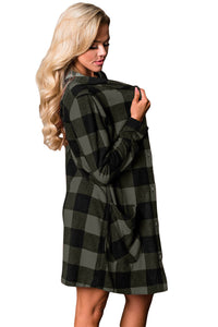 Sexy Grey Black Checkered Button Up Hooded Cardigan