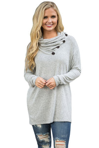Sexy Grey Buttoned Cowl Neck Long Top