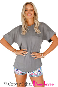 Sexy Grey Chic Relaxing Fit Pocket Front Hollow-out Blouse
