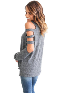 Sexy Grey Cold Shoulder Hollow Out Long Sleeve Top