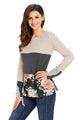 Sexy Grey Color Block Floral Patchwork Long Sleeve Blouse Top