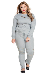 Sexy Grey Fashion Sporty Zipped Pants Set