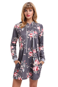 Sexy Grey Floral Print Drawstring Hoodie Dress