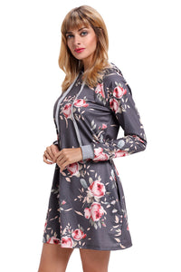 Sexy Grey Floral Print Drawstring Hoodie Dress