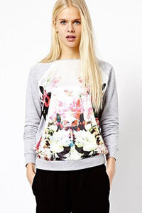 Sexy Grey Floral Print Raglan Sleeve Pullover Sweatshirt