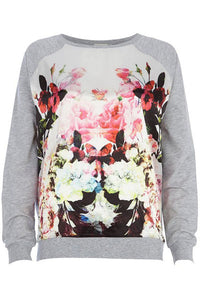 Sexy Grey Floral Print Raglan Sleeve Pullover Sweatshirt