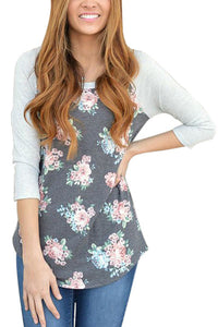 Sexy Grey Floral Print Raglan Sleeve Top