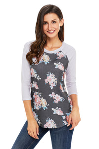 Sexy Grey Floral Print Raglan Sleeve Top