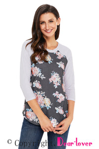 Sexy Grey Floral Print Raglan Sleeve Top