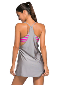 Sexy Grey Flowing Swim Dress Layered 1pc Tankini Top
