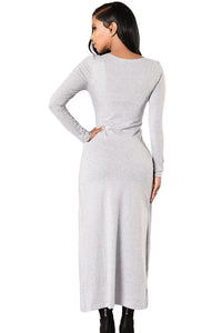 Sexy Grey Front Split Long Sleeve Maxi Dress